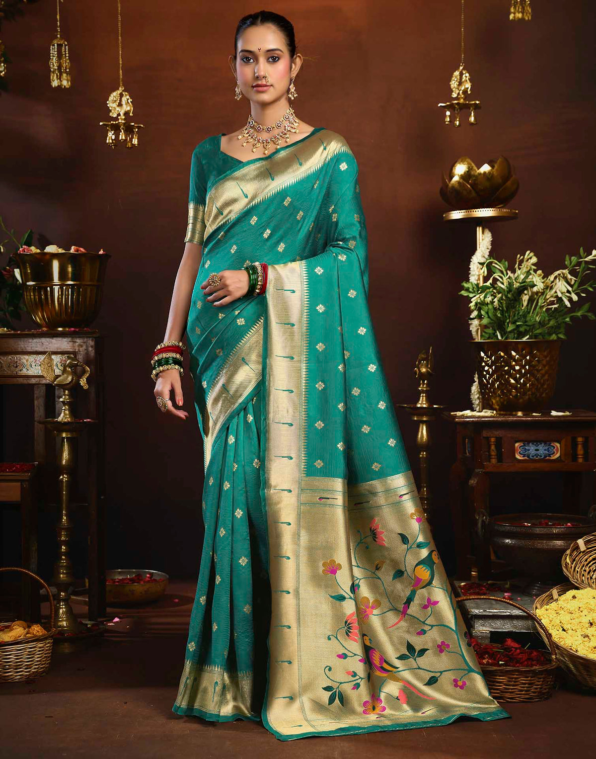 Turquoise Silk Woven Paithani Saree