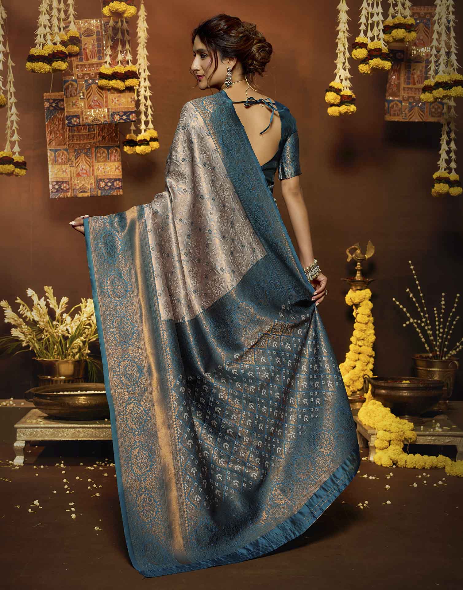 Peach Silk Woven Banarasi Saree
