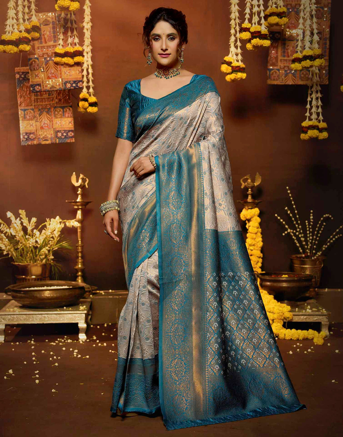 Peach Silk Woven Banarasi Saree