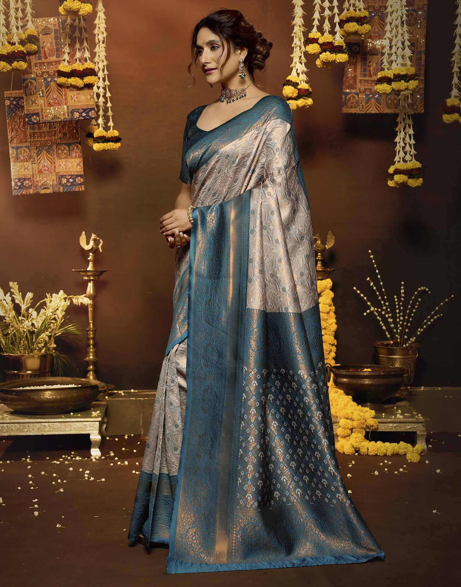 Peach Silk Woven Banarasi Saree