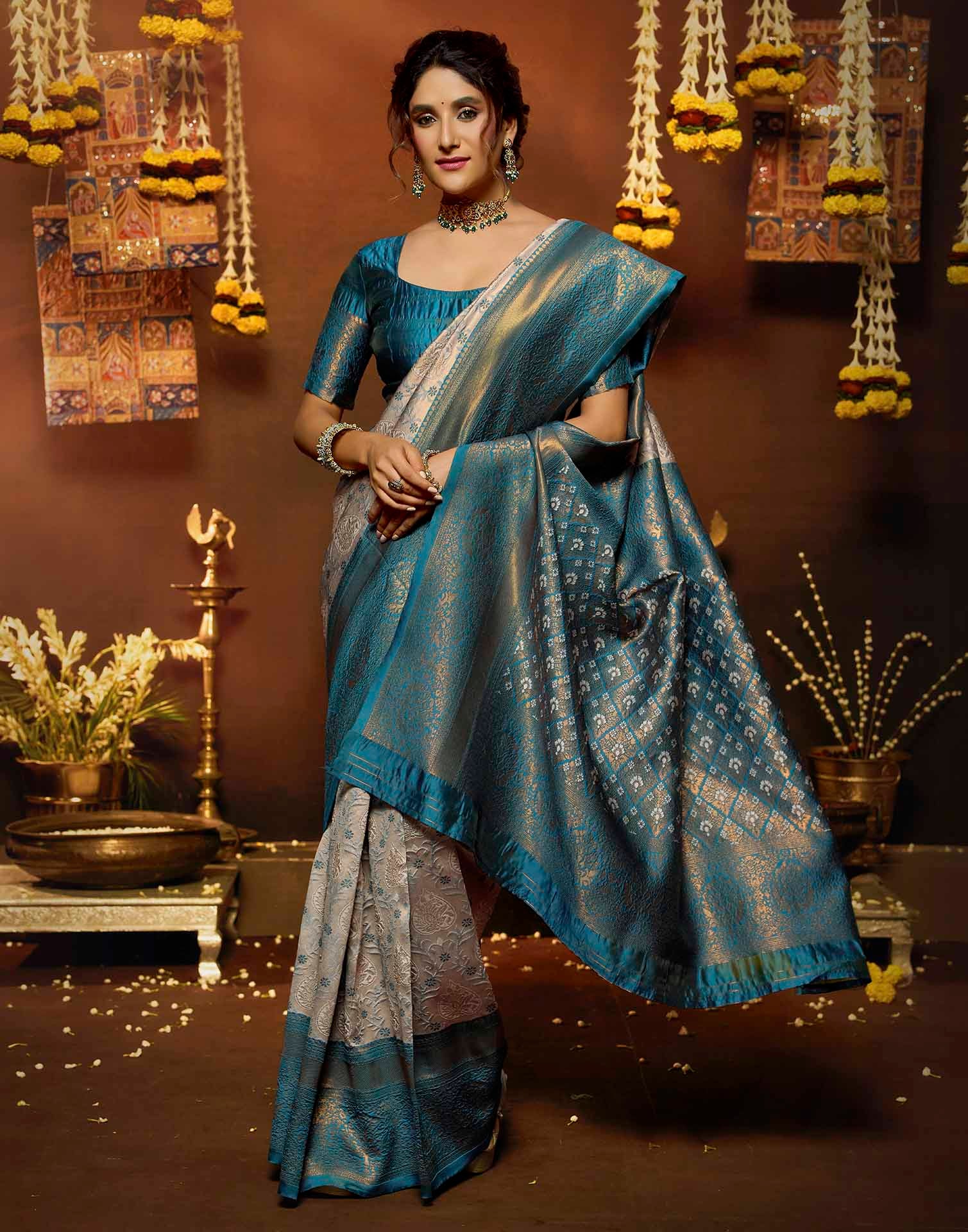 Peach Silk Woven Banarasi Saree