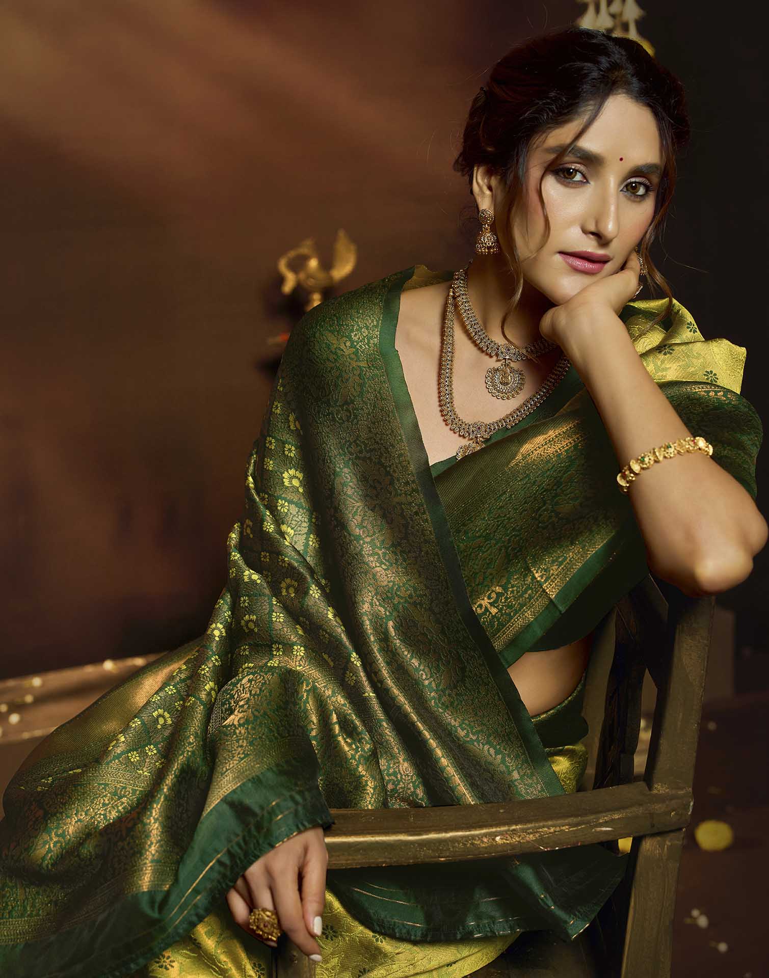 Lime Green Silk Woven Banarasi Saree