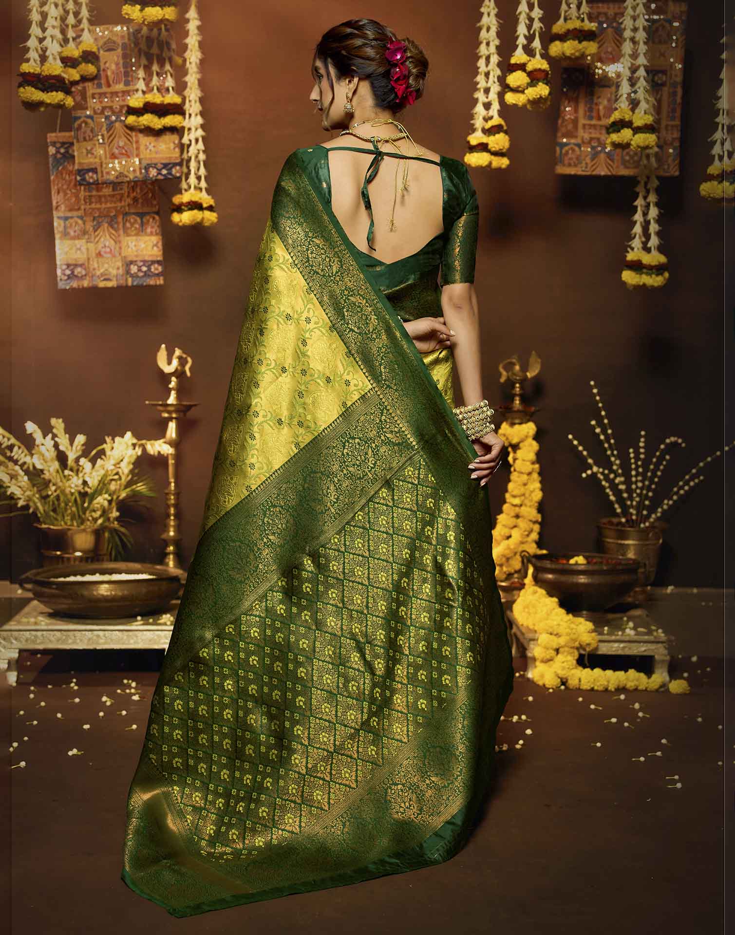Lime Green Silk Woven Banarasi Saree