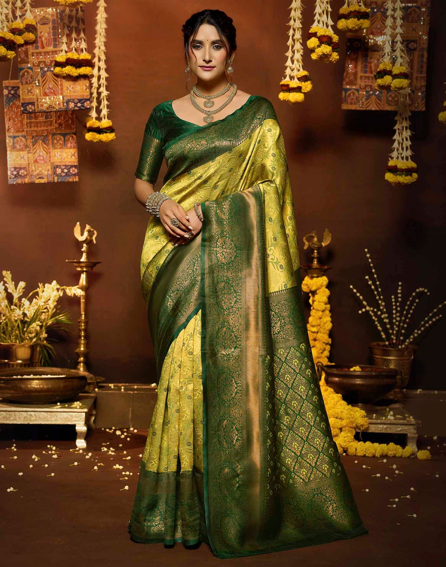 Lime Green Silk Woven Banarasi Saree