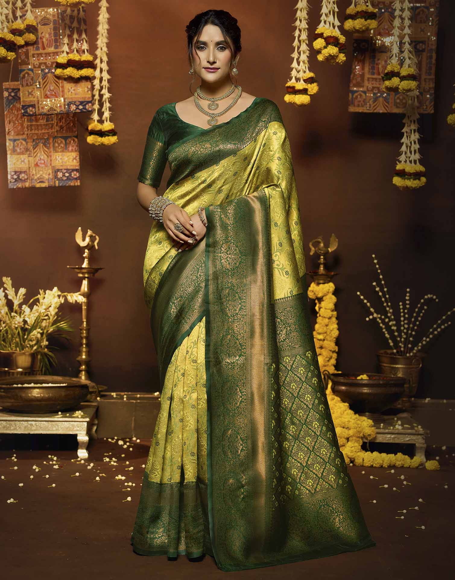 Lime Green Silk Woven Banarasi Saree