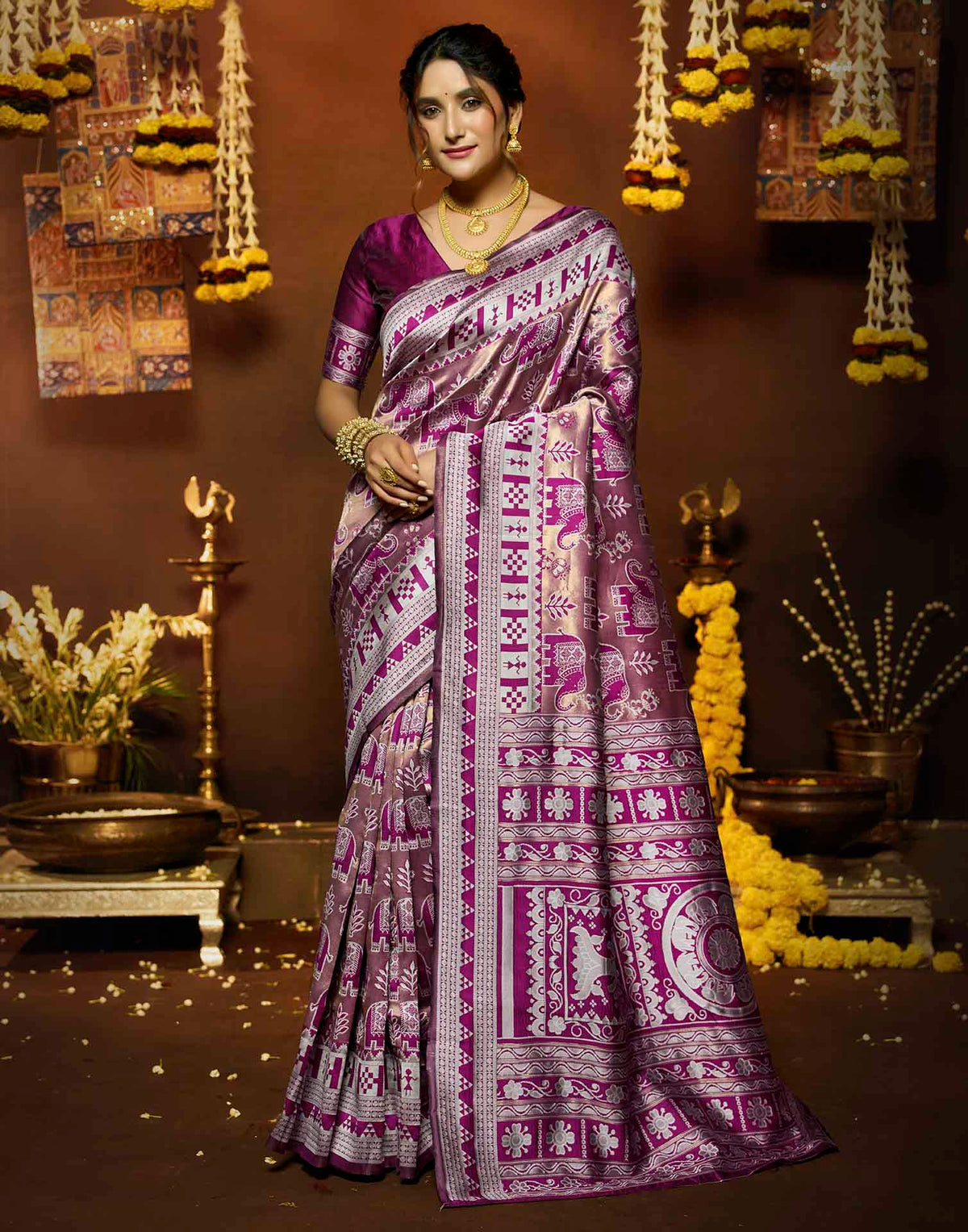 Magenta Silk Woven Baluchari Saree