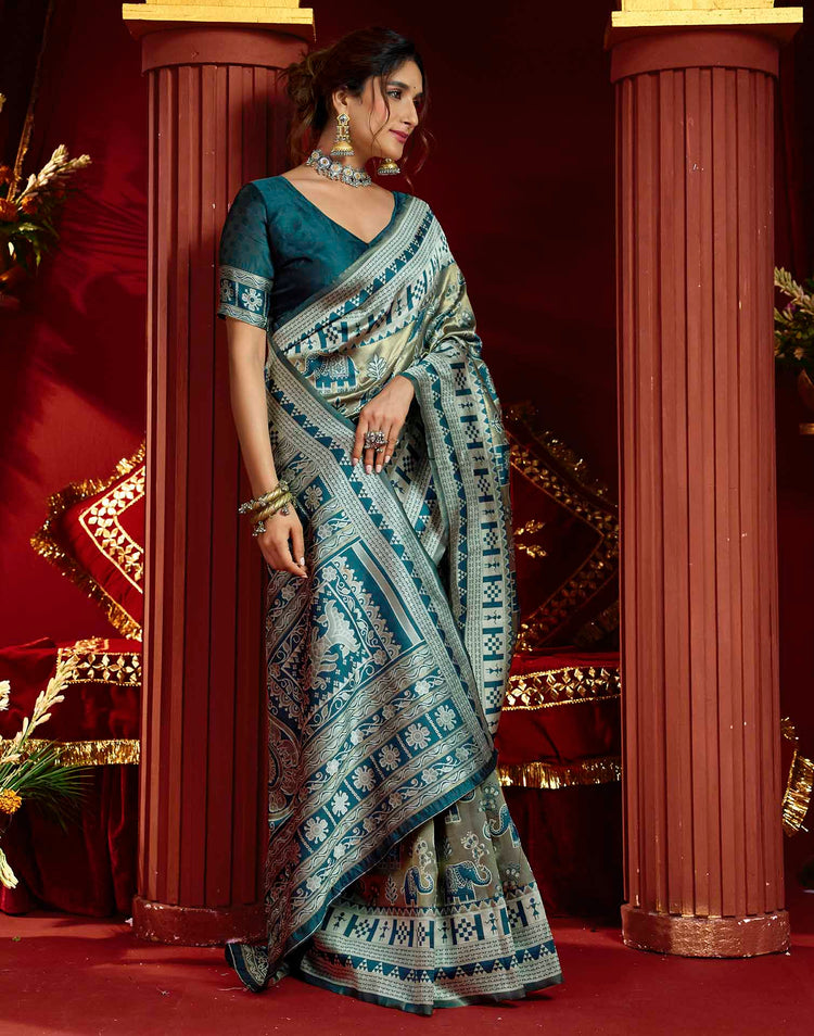 Teal Green Silk Woven Baluchari Saree