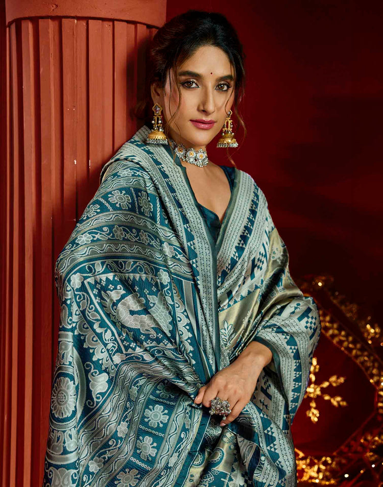 Teal Green Silk Woven Baluchari Saree