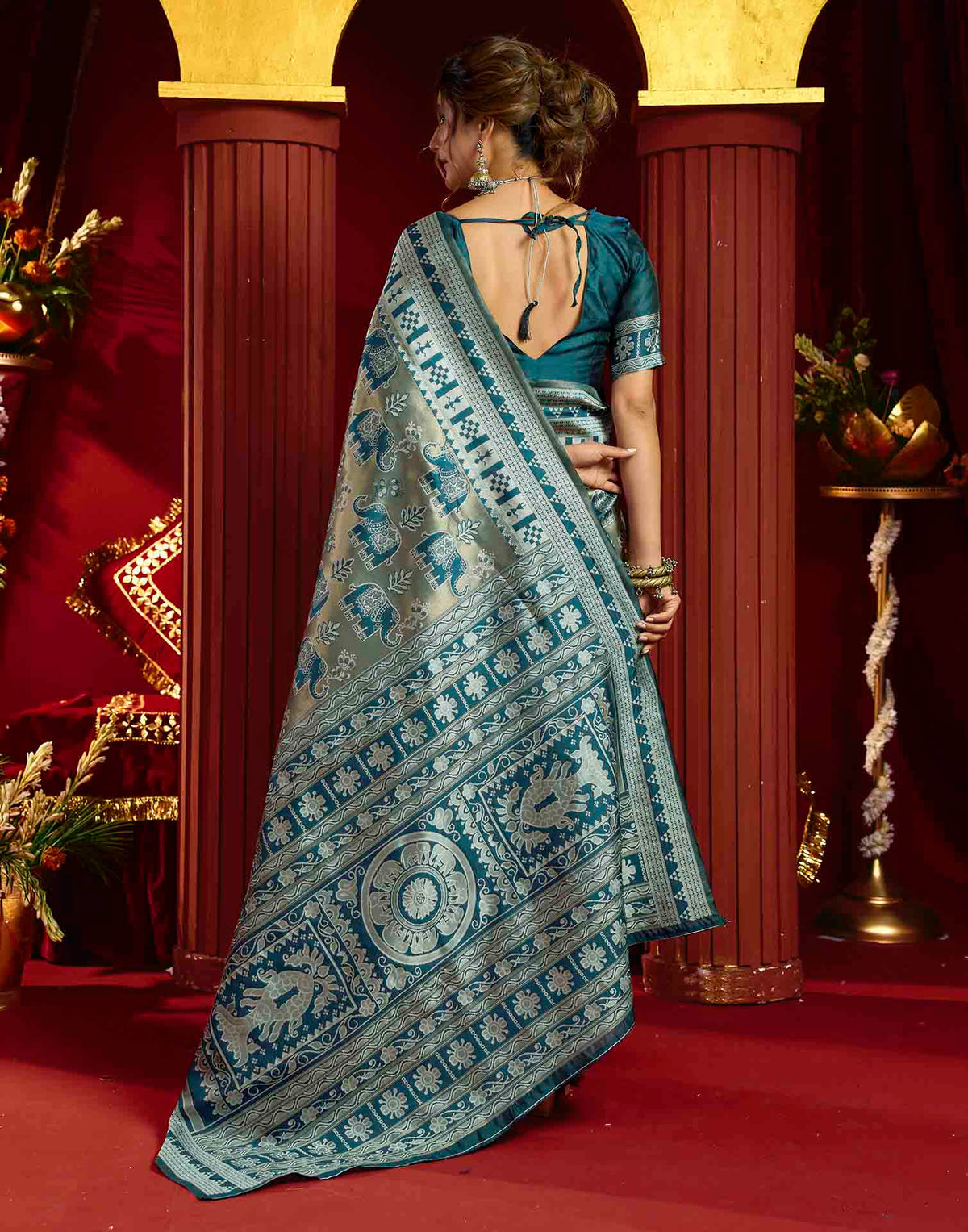 Teal Green Silk Woven Baluchari Saree