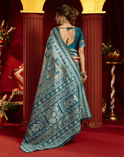 Teal Green Silk Woven Baluchari Saree