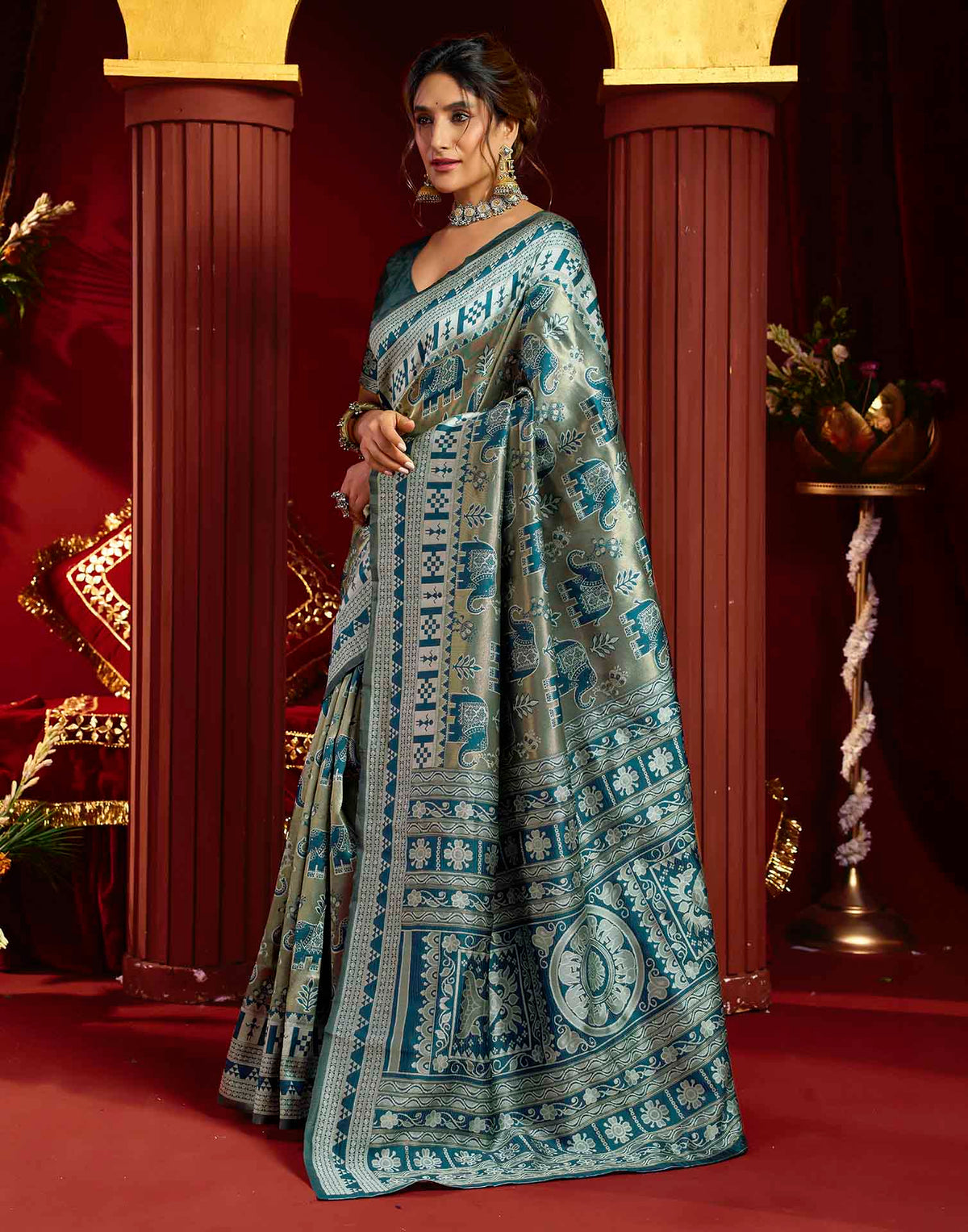 Teal Green Silk Woven Baluchari Saree