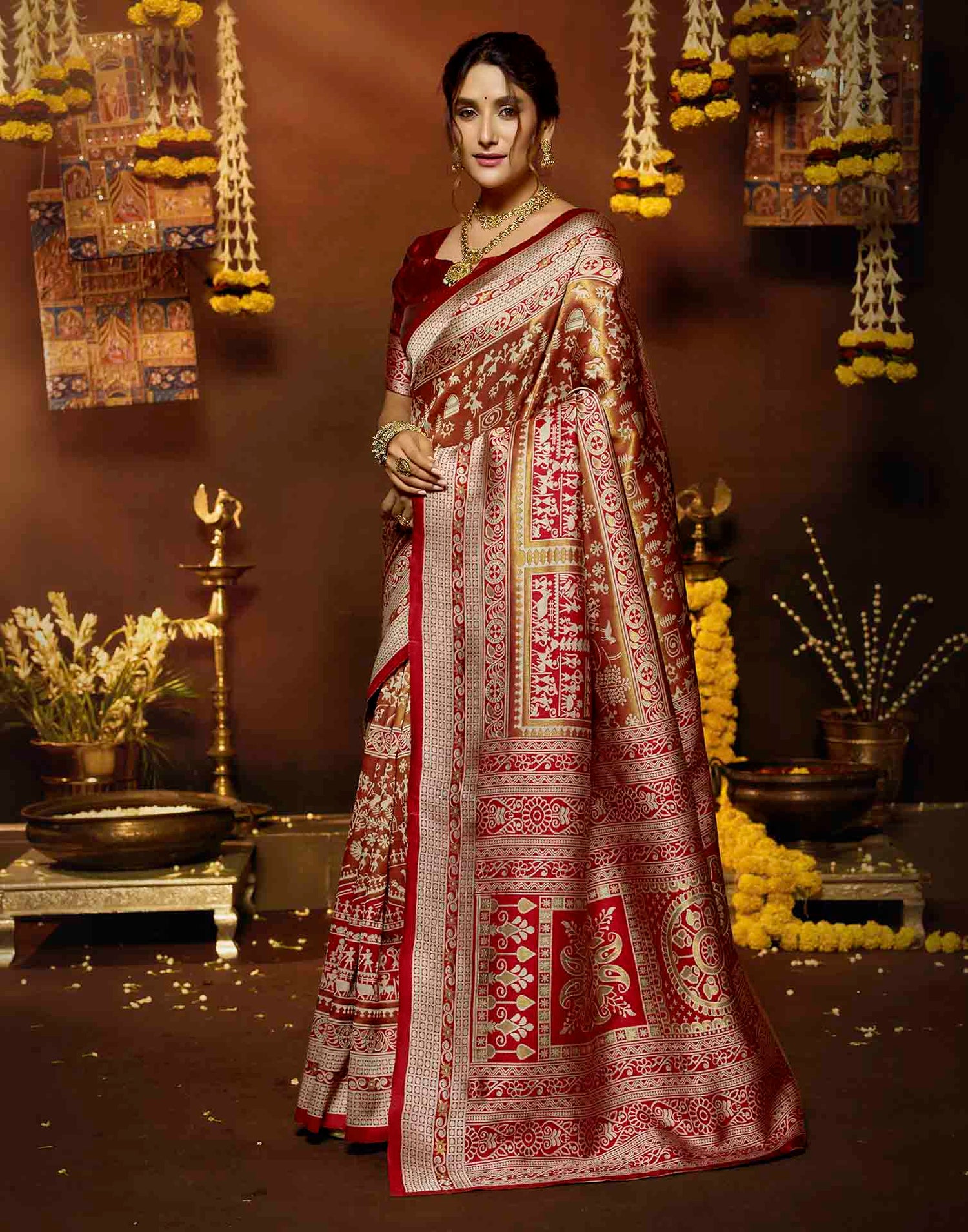 Red Silk Woven Warli Motif Saree