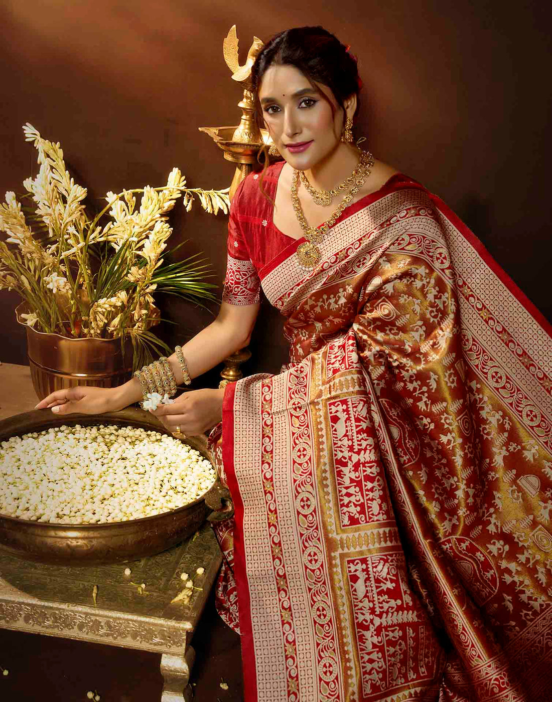 Red Silk Woven Warli Motif Saree