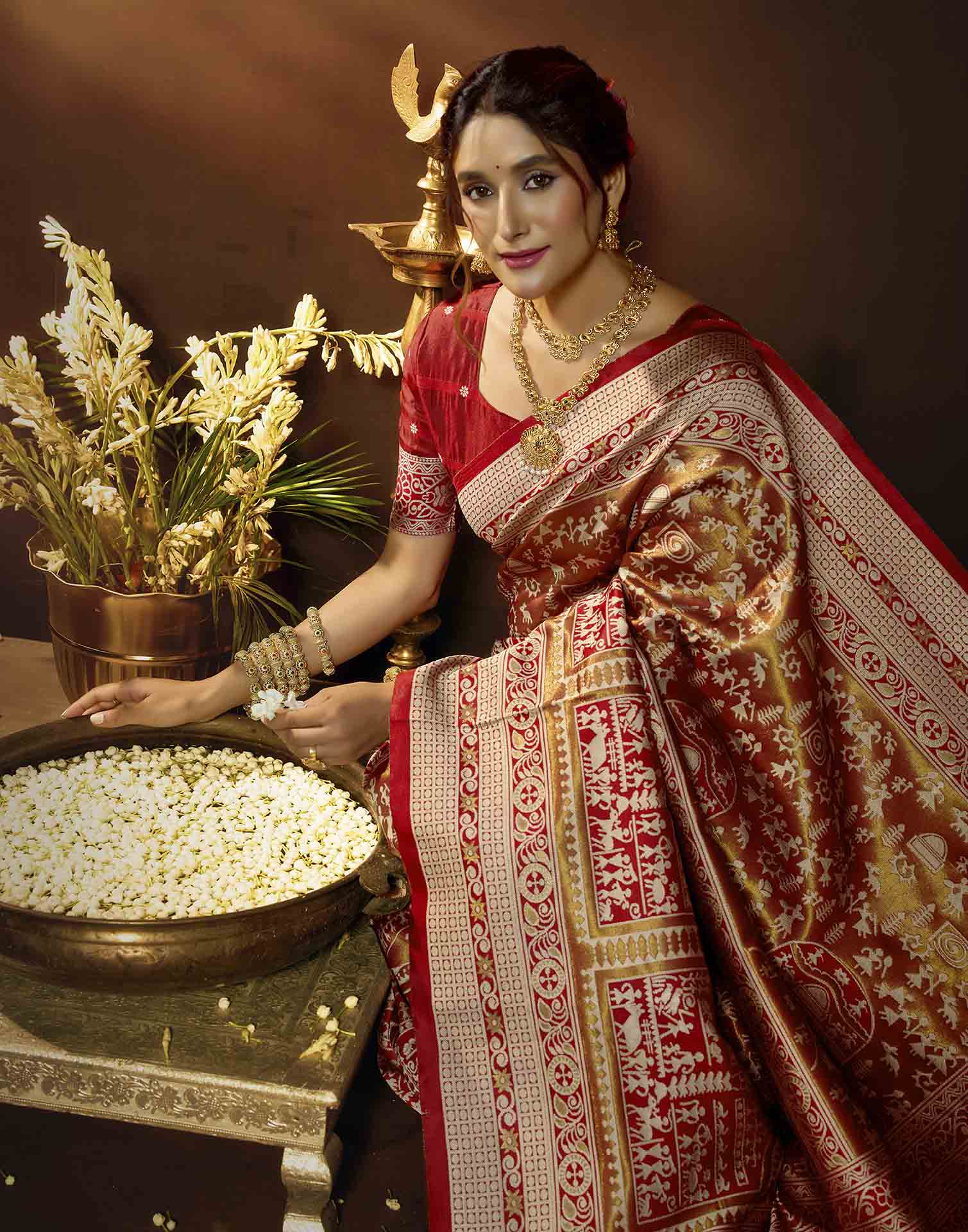 Red Silk Woven Warli Motif Saree