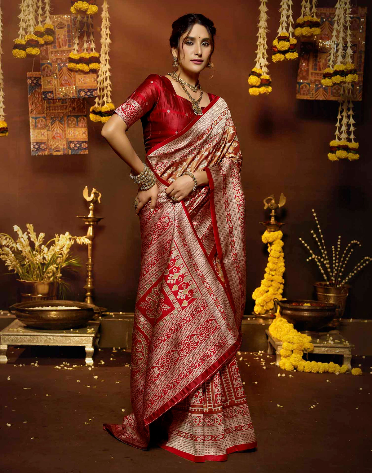 Red Silk Woven Warli Motif Saree