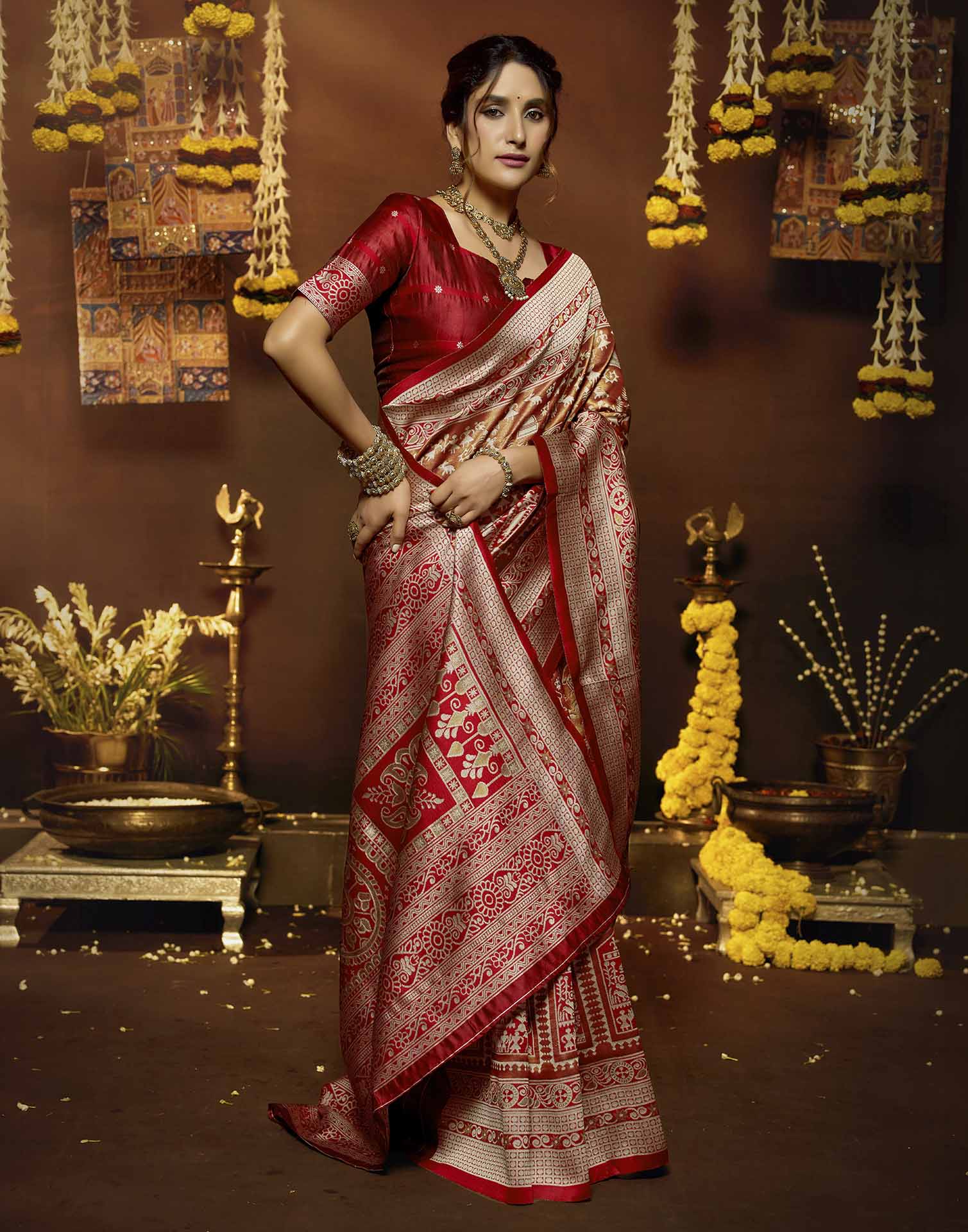 Red Silk Woven Warli Motif Saree