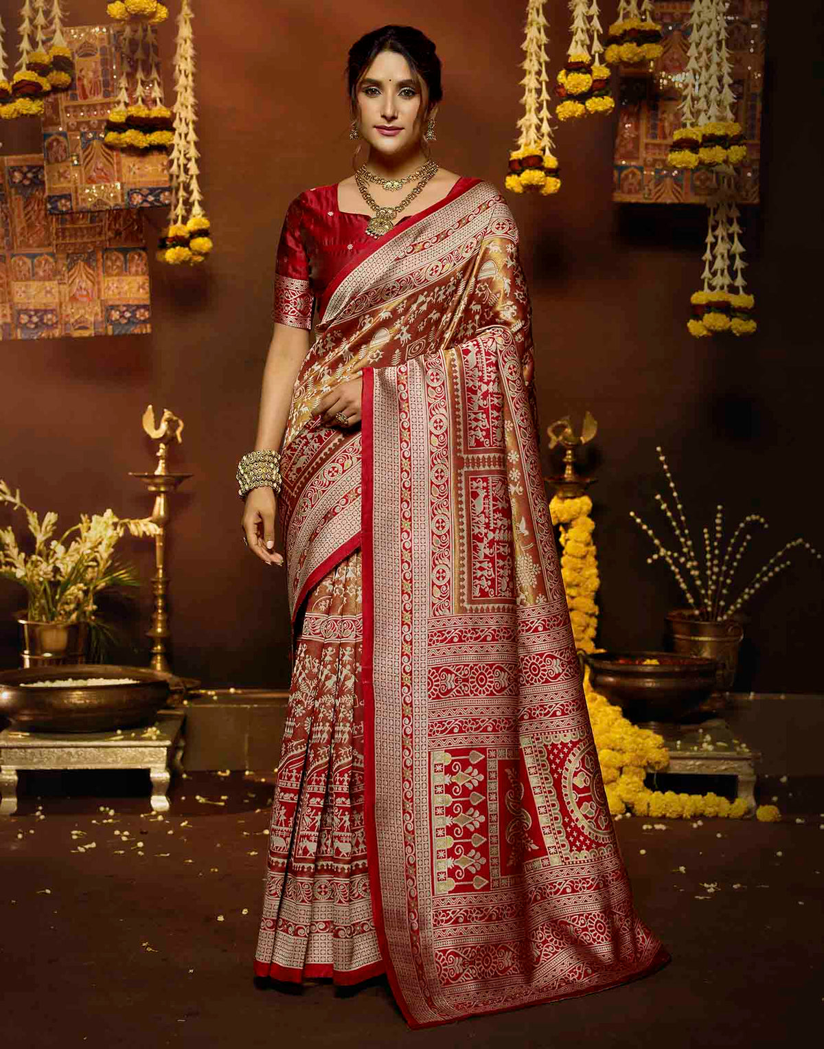 Red Silk Woven Warli Motif Saree