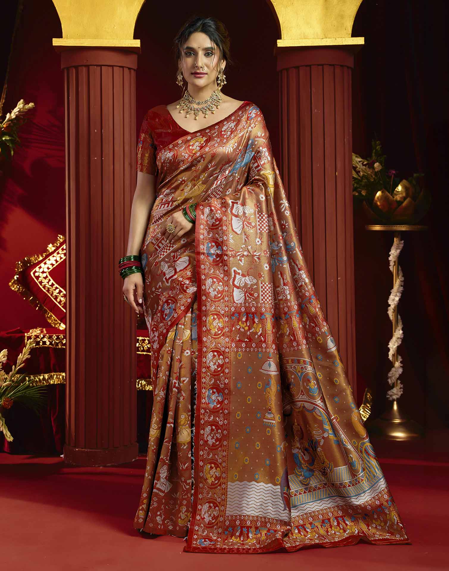 Orange Silk Woven Kalamkari Saree