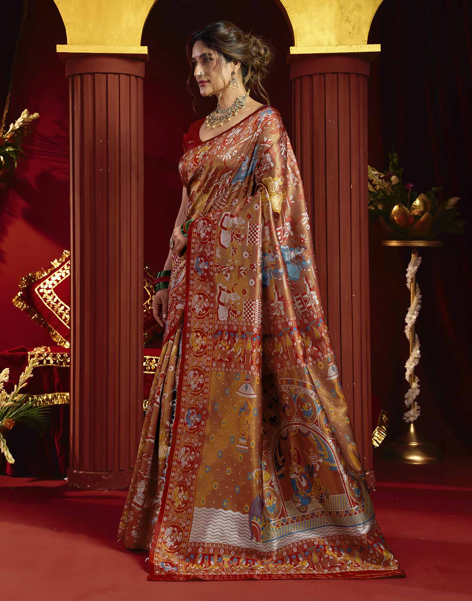 Orange Silk Woven Kalamkari Saree