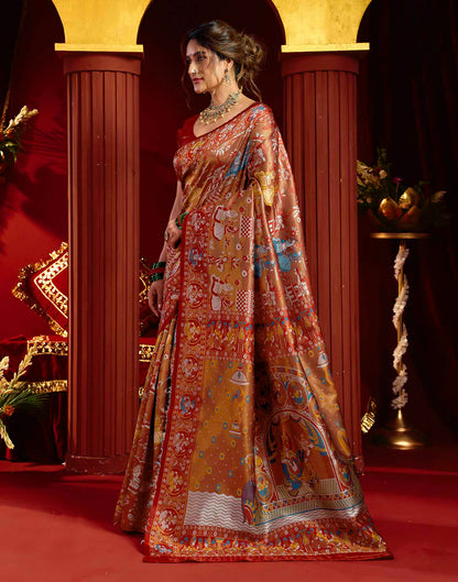 Orange Silk Woven Kalamkari Saree