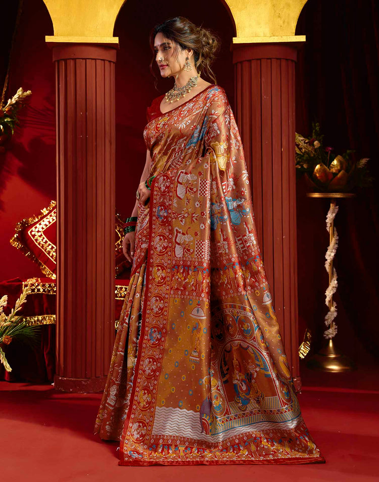 Orange Silk Woven Kalamkari Saree