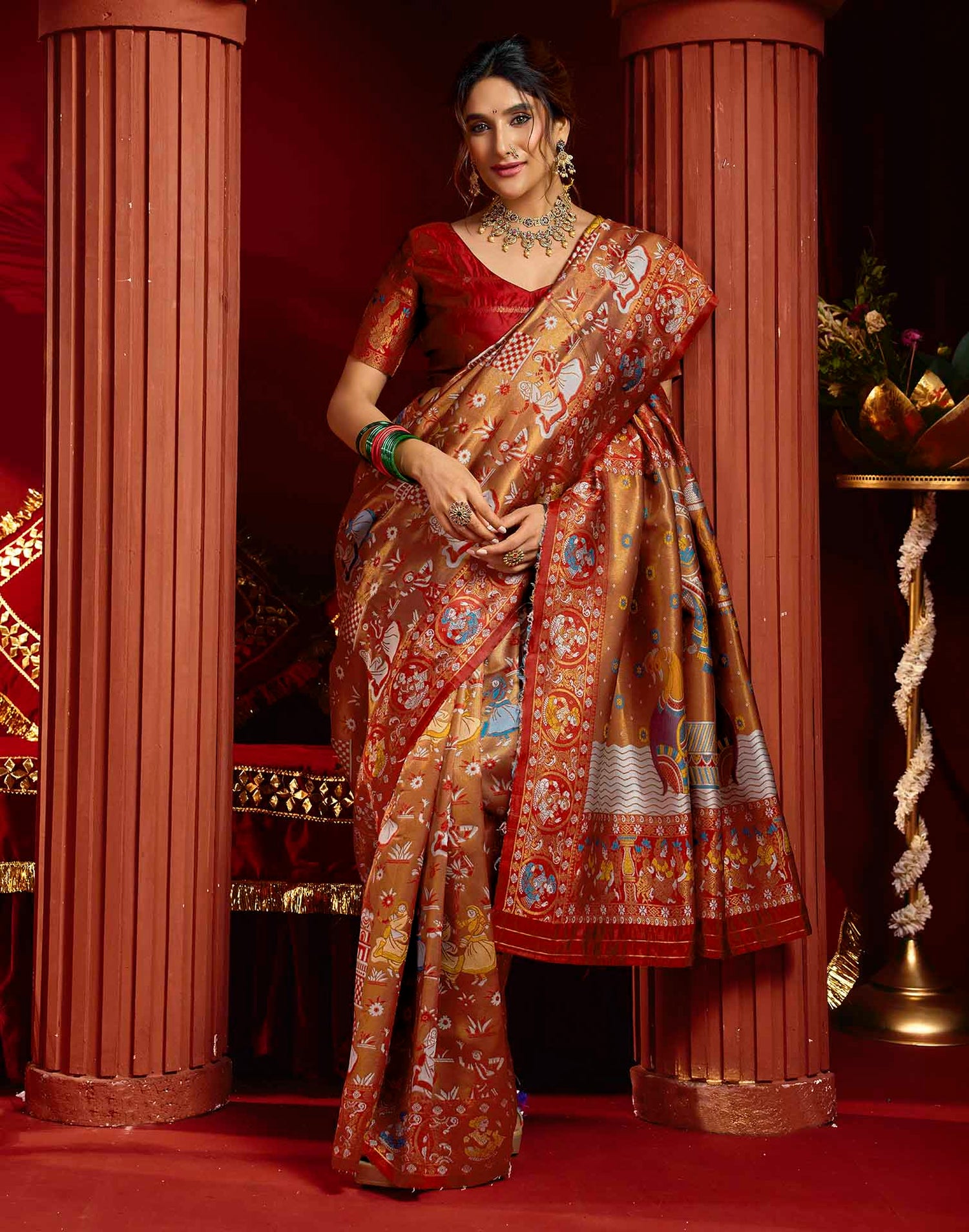 Orange Silk Woven Kalamkari Saree