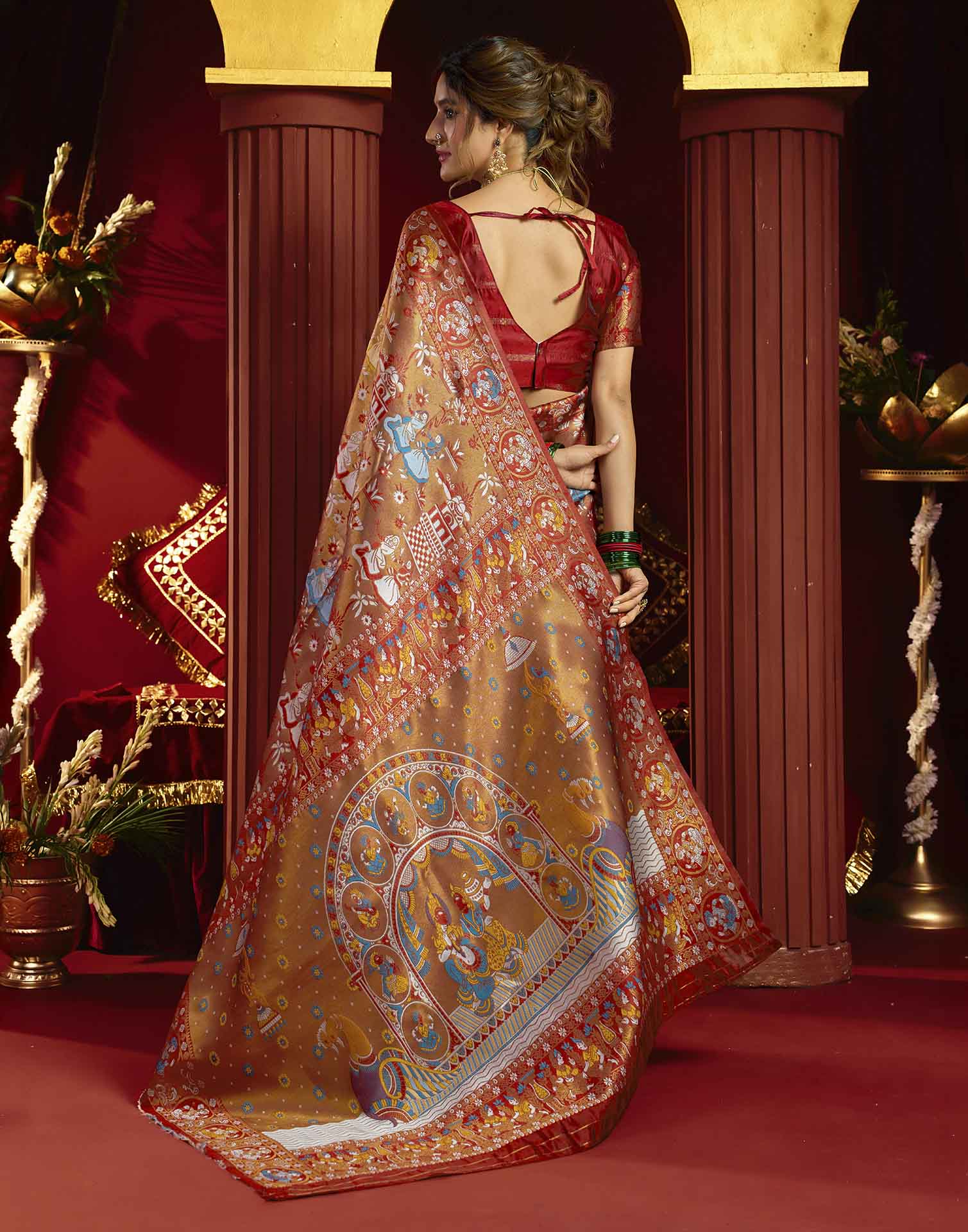 Orange Silk Woven Kalamkari Saree