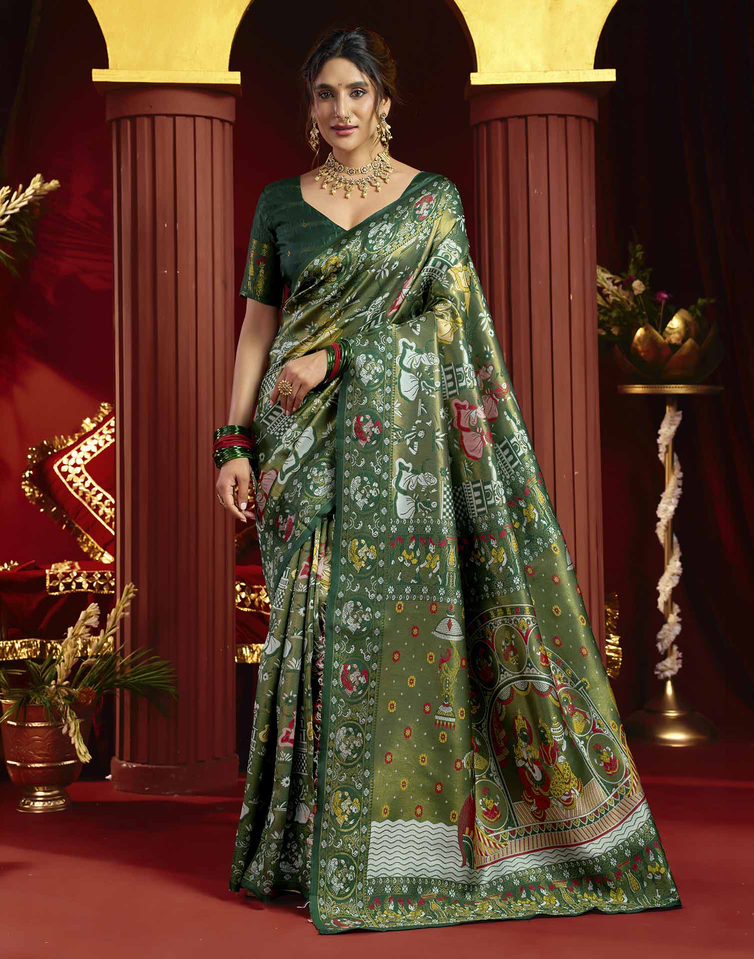 Green Silk Woven Kalamkari Saree