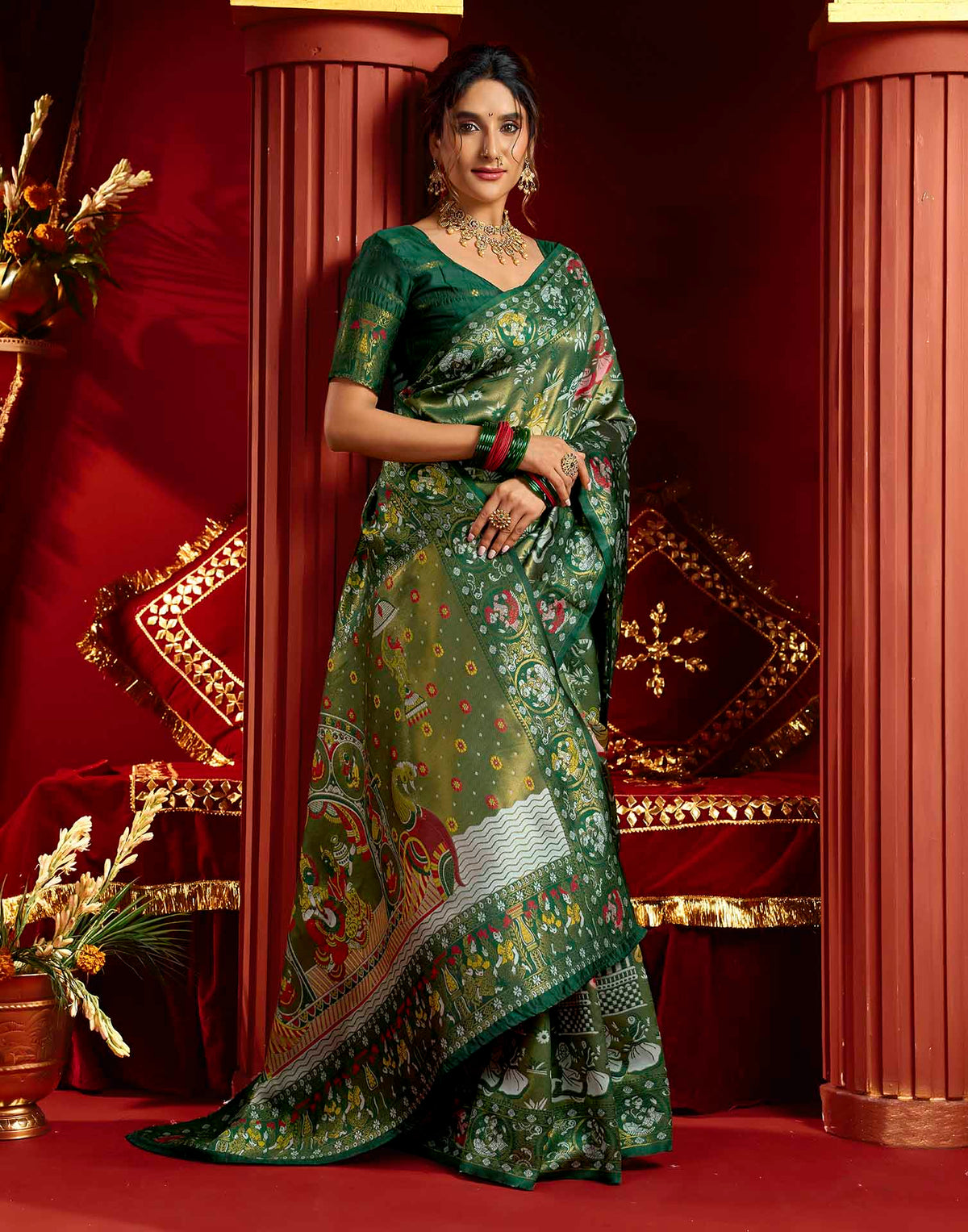 Green Silk Woven Kalamkari Saree