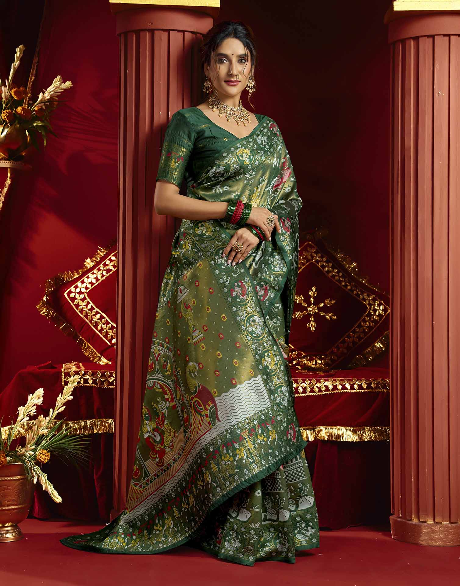 Green Silk Woven Kalamkari Saree