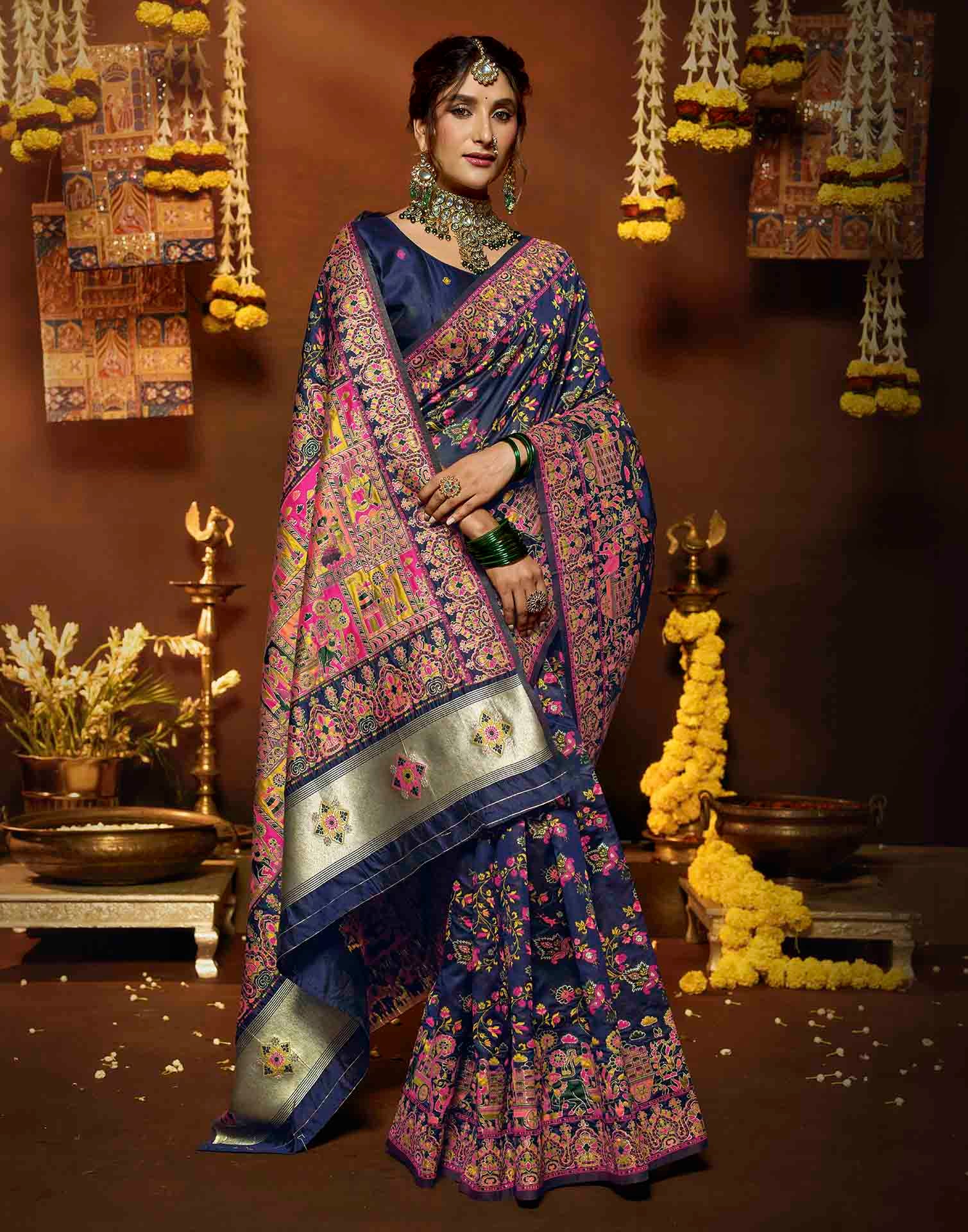 Navy Blue Silk Woven Banarasi Saree