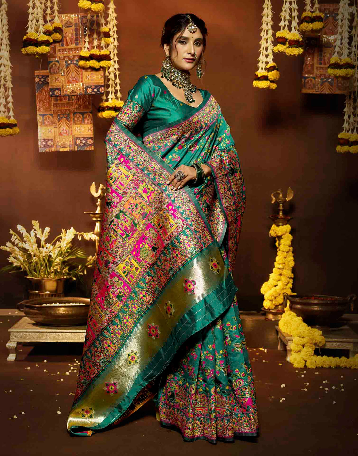 Teal Blue Silk Woven Banarasi Saree