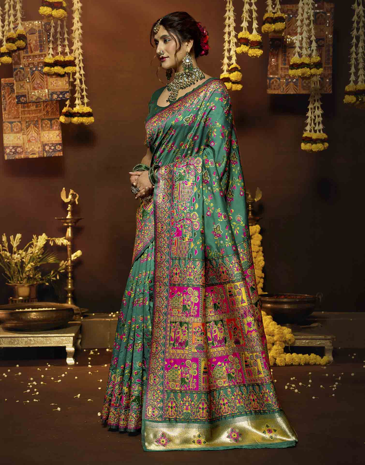 Teal Blue Silk Woven Banarasi Saree