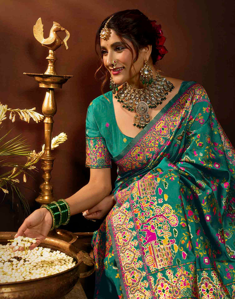 Teal Blue Silk Woven Banarasi Saree
