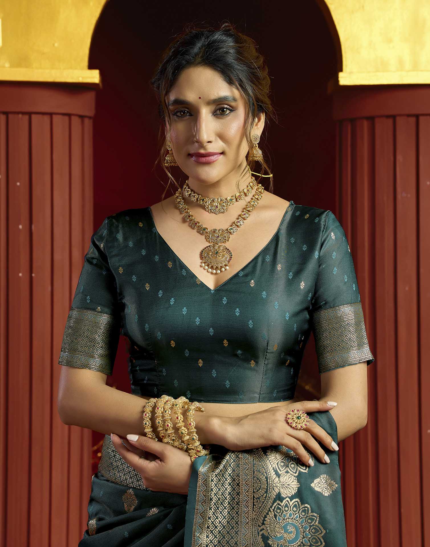 Teal Blue Silk Woven Banarasi Saree