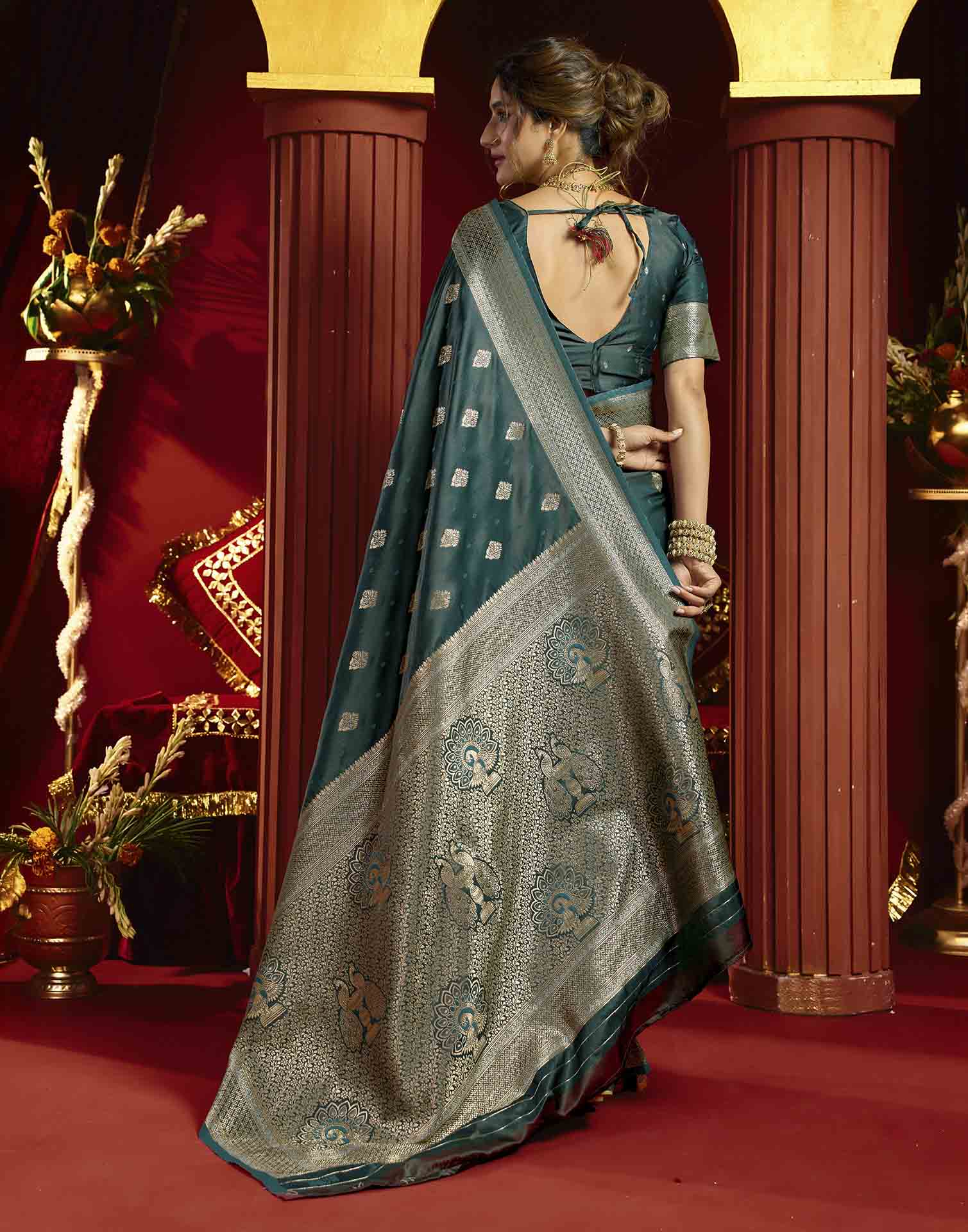 Teal Blue Silk Woven Banarasi Saree
