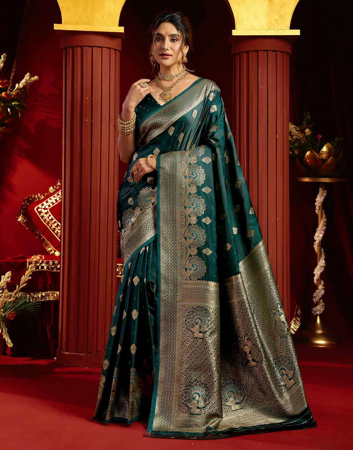 Teal Blue Silk Woven Banarasi Saree