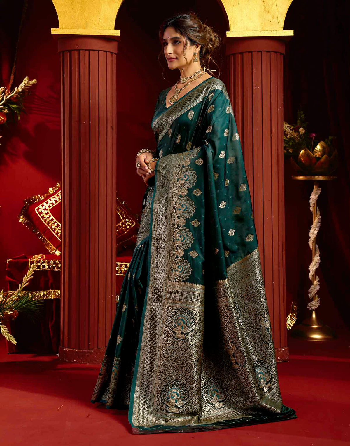 Teal Blue Silk Woven Banarasi Saree