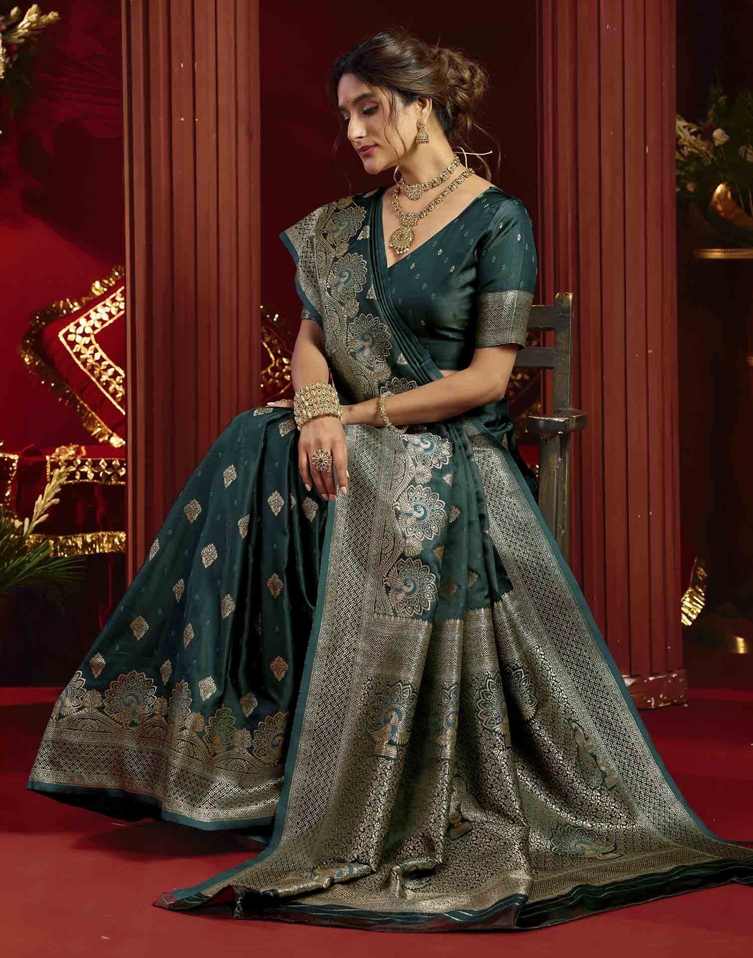 Teal Blue Silk Woven Banarasi Saree