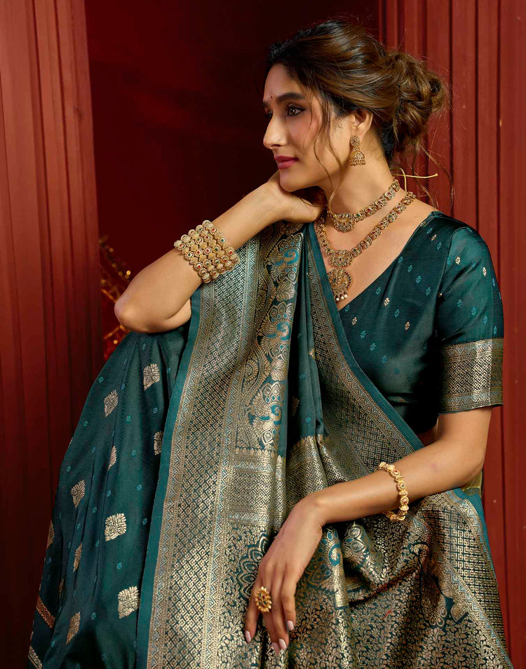 Teal Blue Silk Woven Banarasi Saree