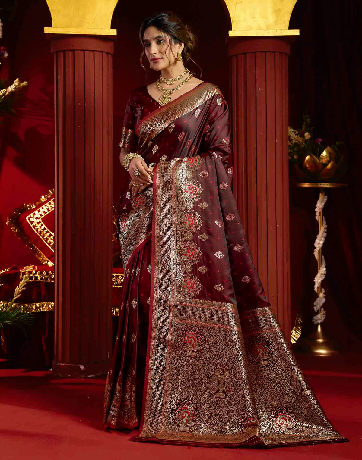 Maroon Silk Woven Banarasi Saree