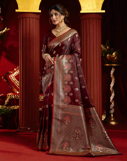Maroon Silk Woven Banarasi Saree