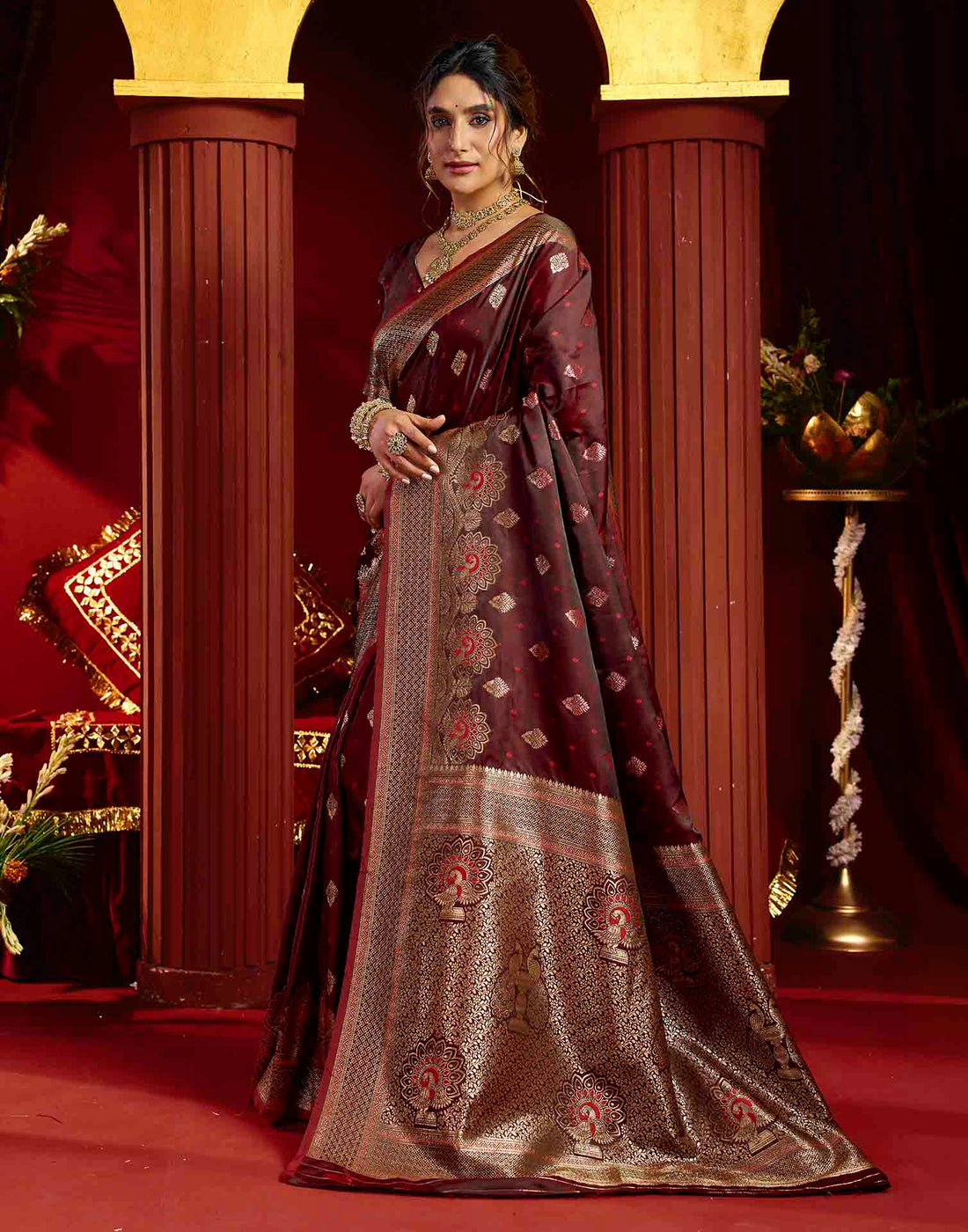 Maroon Silk Woven Banarasi Saree