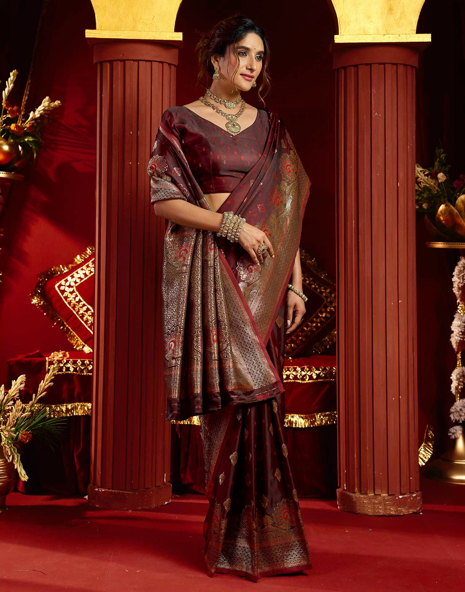 Maroon Silk Woven Banarasi Saree
