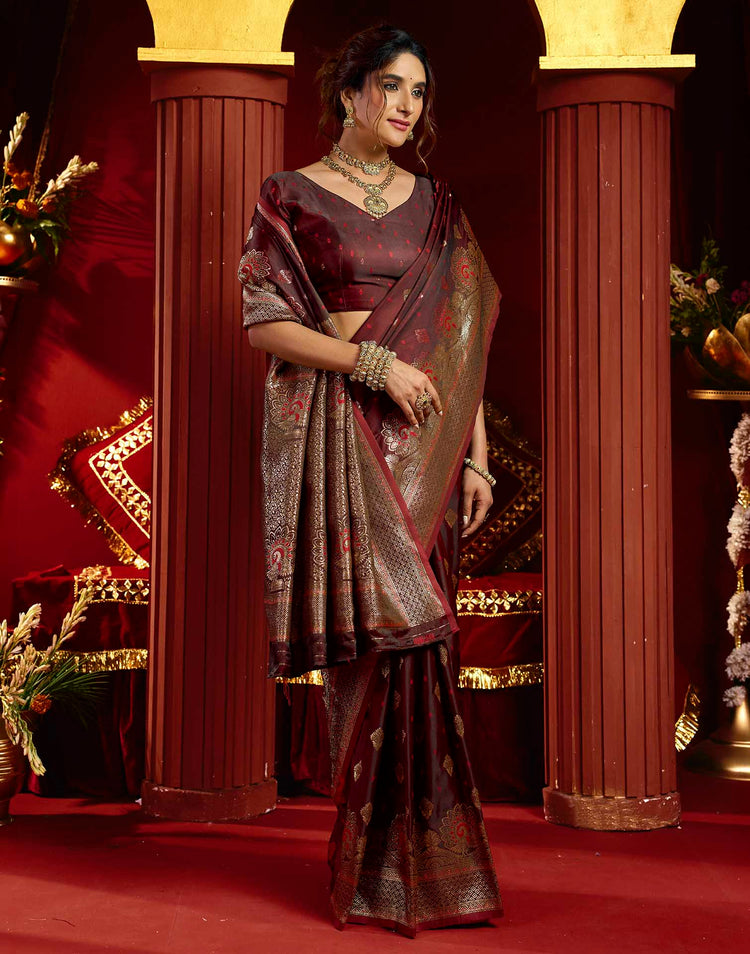 Maroon Silk Woven Banarasi Saree