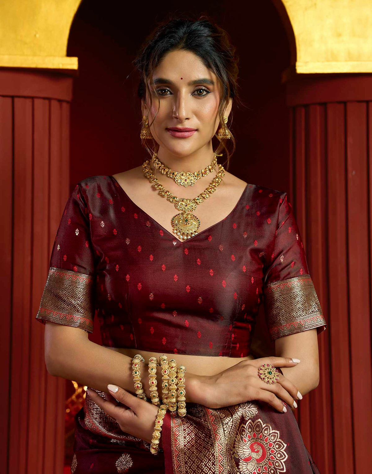 Maroon Silk Woven Banarasi Saree