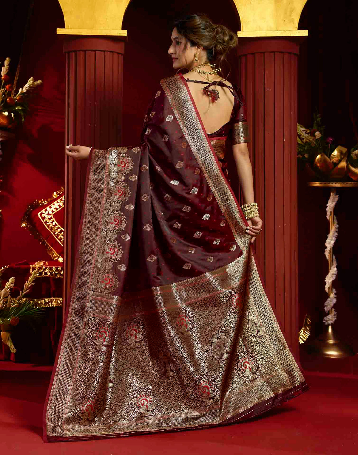 Maroon Silk Woven Banarasi Saree