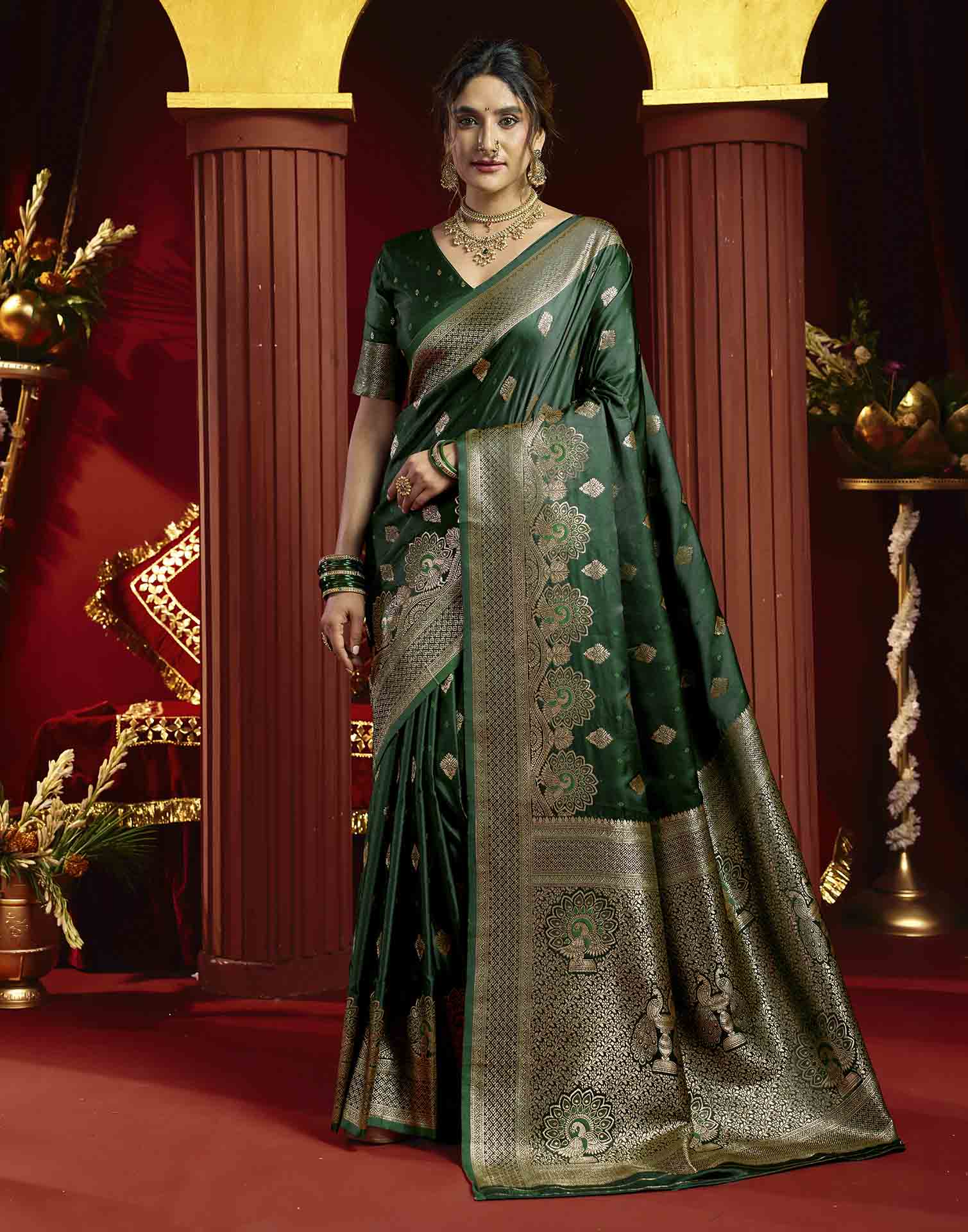 Dark Green Silk Woven Banarasi Saree