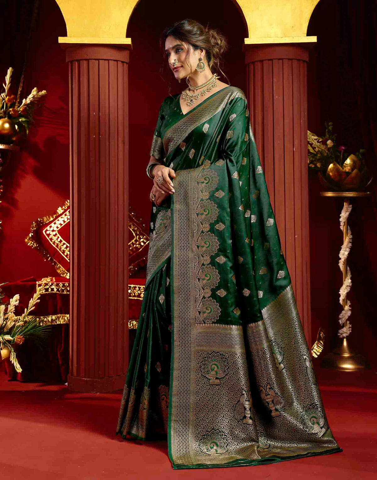 Dark Green Silk Woven Banarasi Saree