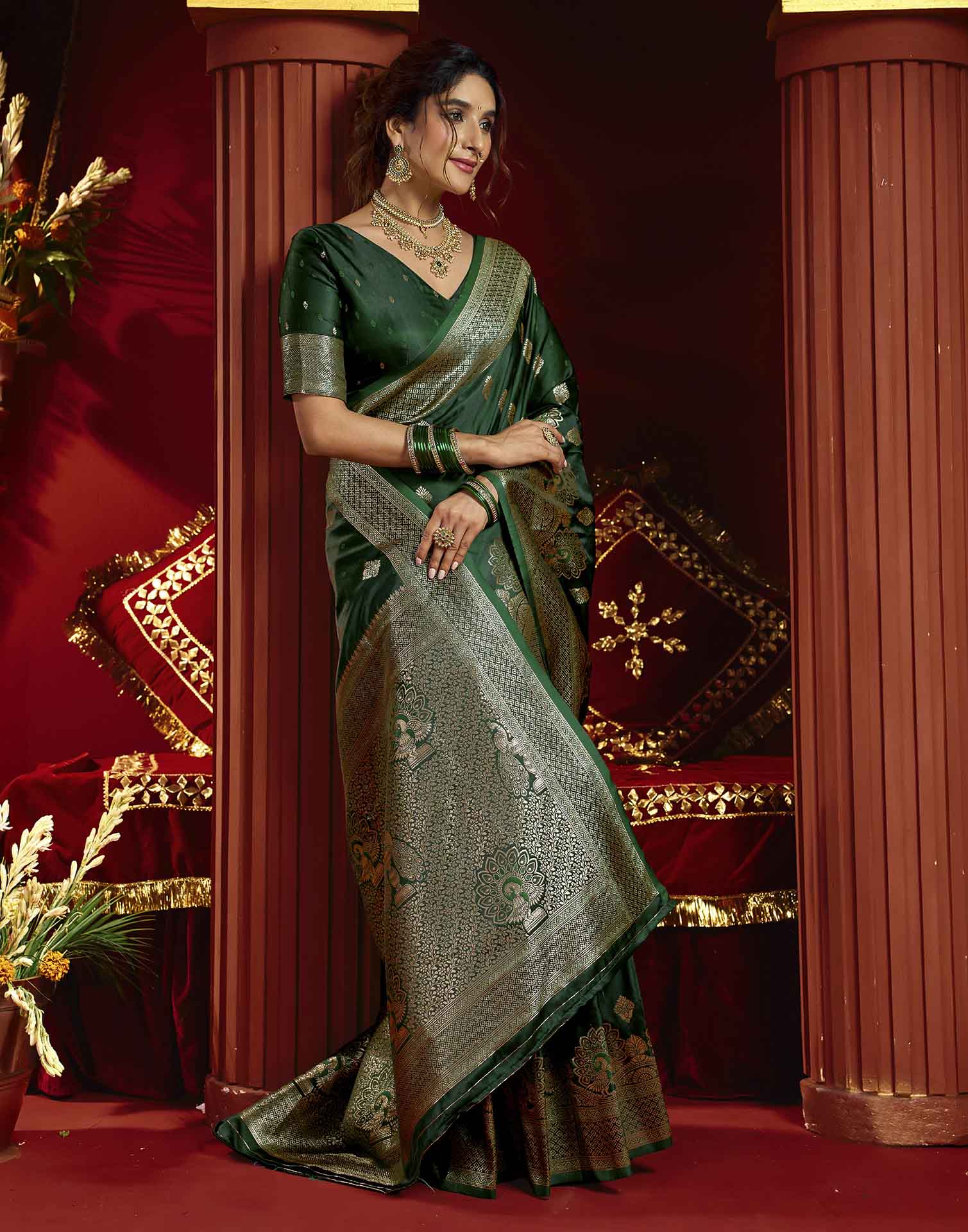 Dark Green Silk Woven Banarasi Saree